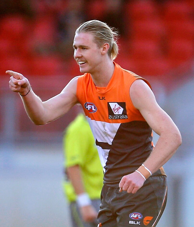 AFL 2015 Rd 08 - GWS Giants v Adelaide Cam McCarthy of the Giants celebrates during the 2015 AFL Round 08 match between the GWS Giants and the Adelaide Crows at Spotless Stadium, Sydney on May 23, 2015. (Photo: Anthony Pearse/AFL Media)